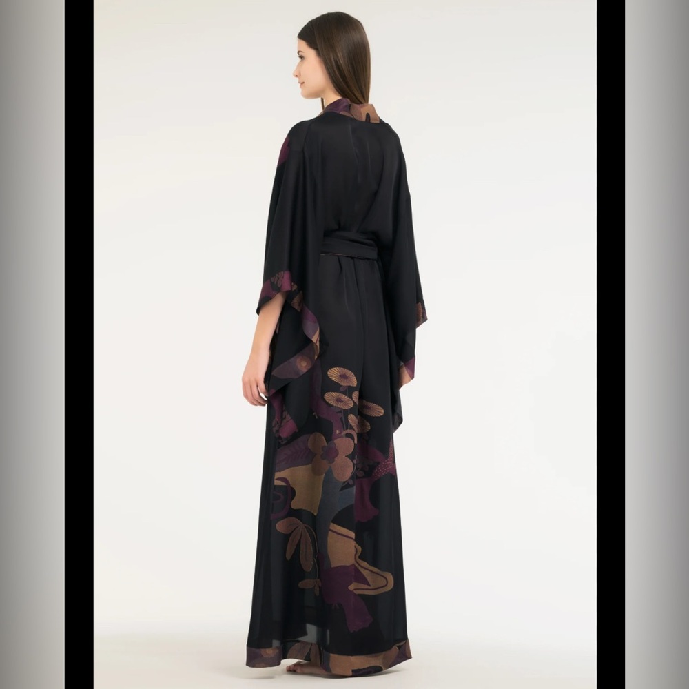 Carine Gilson Long Silk Envol Kimono Print Robe Long Luxury Lingerie Gown